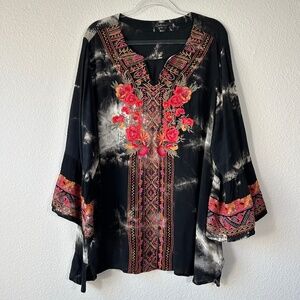 Calessa plus size 2X tunic top boho embroidered black 3/4 sleeve tv-neck